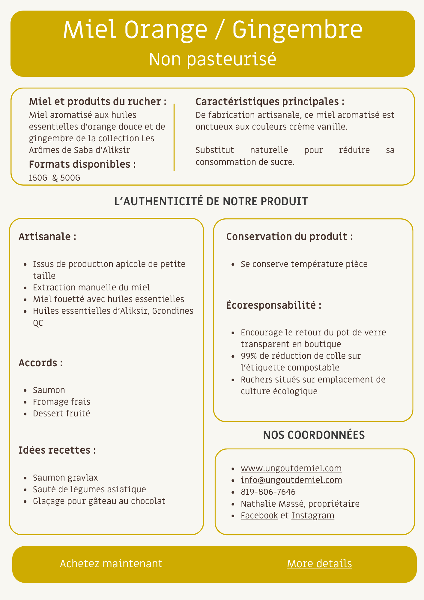 MIEL AROMATISÉ AUX HUILES ESSENTIELLES D'ORANGE ET DE GINGEMBRE